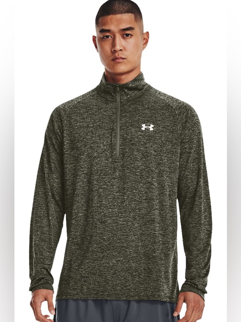 Like New Under Armour Men's Tech Heathered Green 1/2 Zip Long-Sleeve Pullover